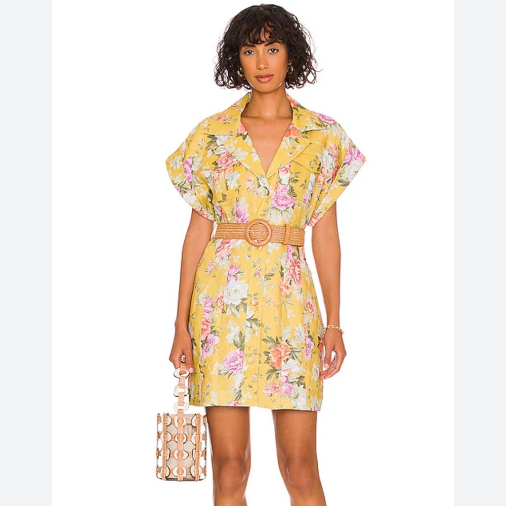Zimmermann Belted Floral Linen Mustard Rose Mini Dress NWT